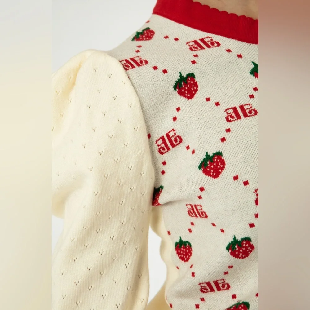 EllandEmm NWOT Strawberry Monogram Cardigan in Cream and Red, Size S/M - Picture 11 of 14